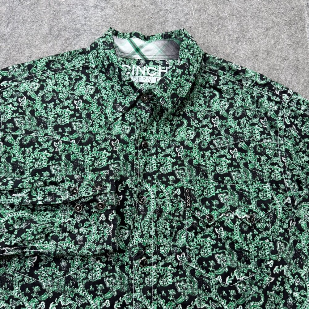 Cinch Pearl Snap Shirt Men Small Green Black Paisley Vine Print Modern Fit
